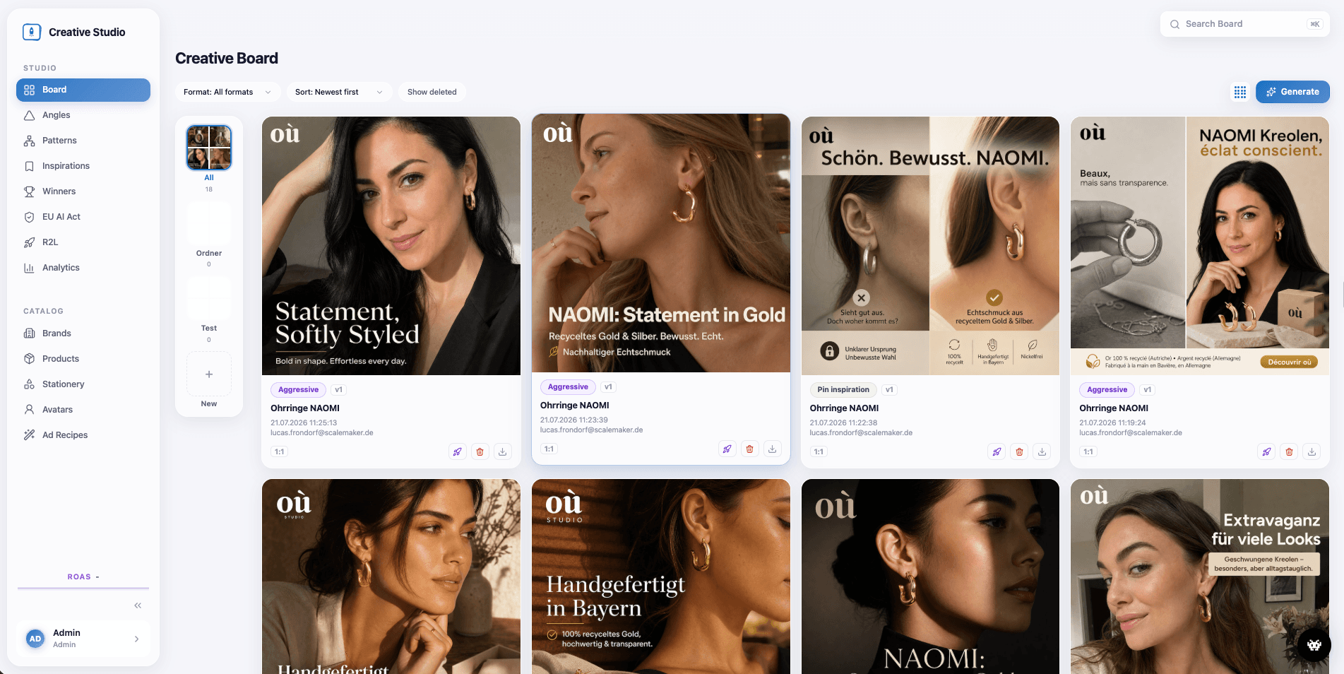 Creative Studio mit Motiven, Varianten und lokalisierten Anzeigen auf einem Board